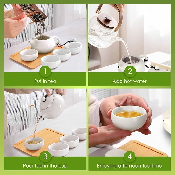 Flexzion Chinese Japanese Vintage Kungfu Gongfu Tea Set Portable Travel Teapot, White Porcelain Porcelain Ceramic Tea Pot, 4 Tea Cup, Bamboo Tea Tray
