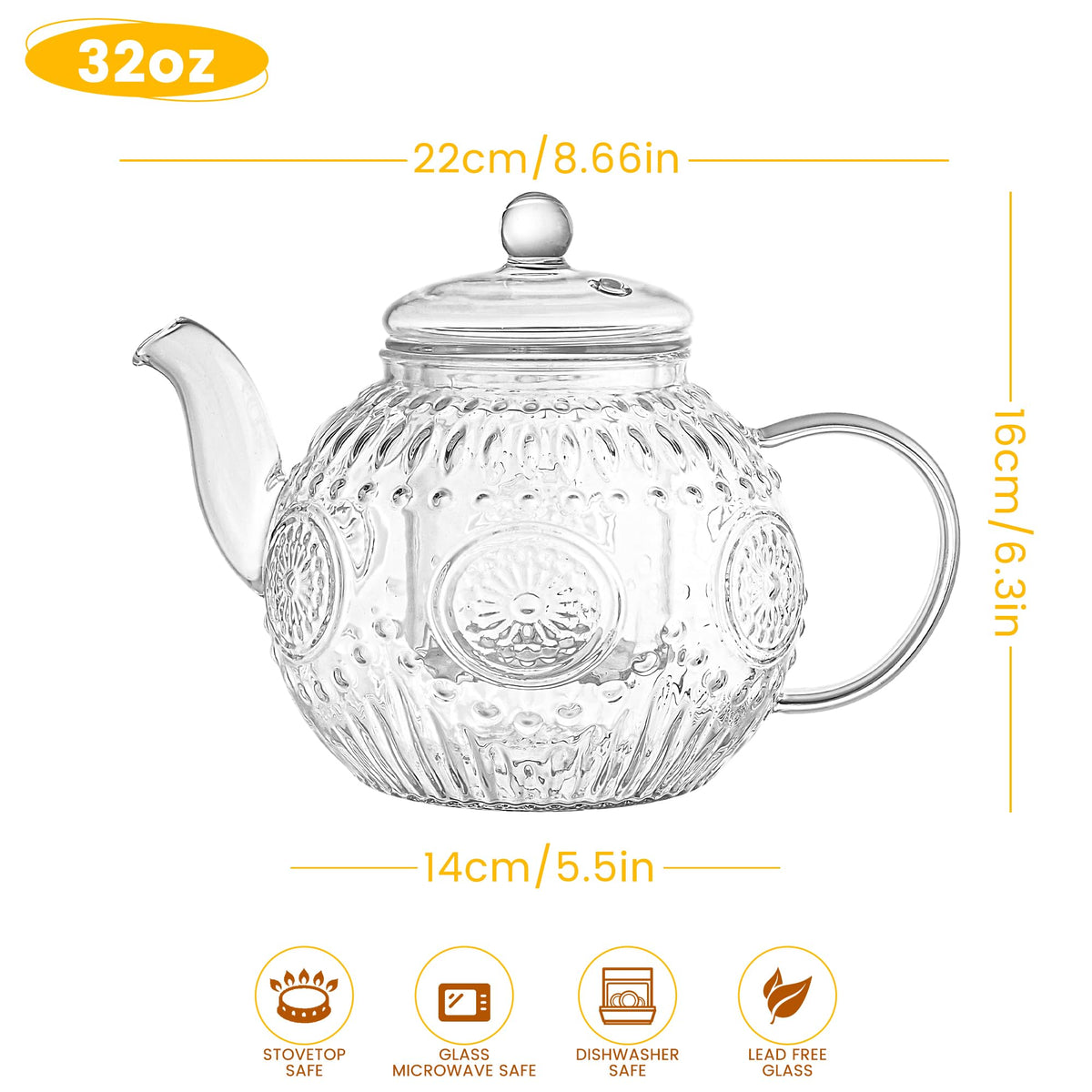 Bandesun Small Capacity Vintage Glass Teapot, Tea Kettle with Removable Infuser 32OZ/1000ml, Borosilicate Glass Pot -Stovetop