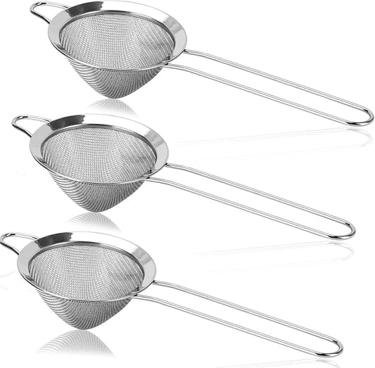3 Pack Small Strainer 304 Stainless Steel Kitchen Fine Mesh Strainers Sieve Matcha Sifter with Handle for Tea, Coffee, Cocktails, Flour, Juice (3.35")