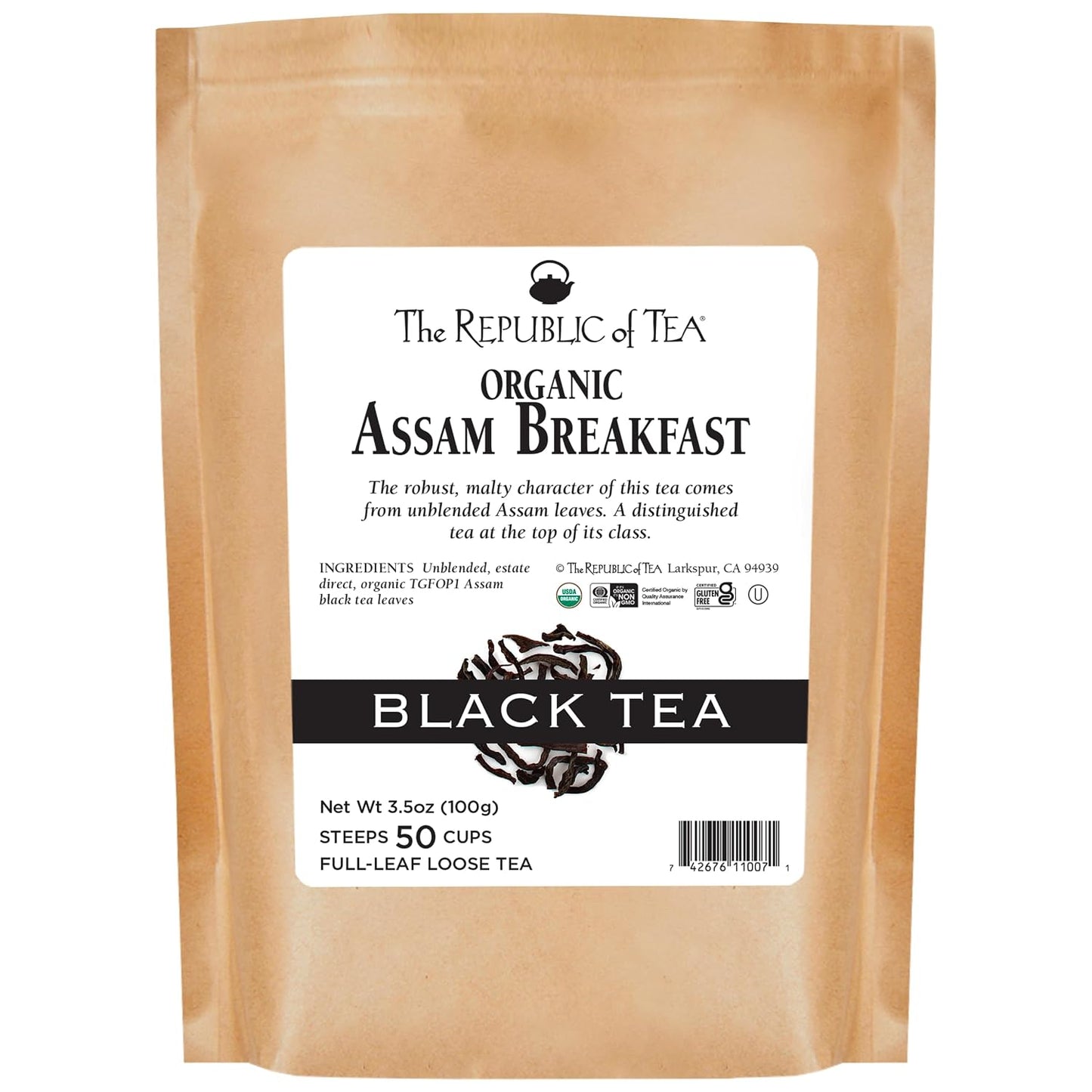 The Republic of Tea Organic Assam Breakfast Black Full-Leaf Loose Tea, 3.5 Oz Bag, Steeps 50 Cups