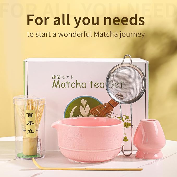 Matcha Tea Set, 5-Piece Ceramic Matcha Bowl & Whisk Kit with Cute Cat Pattern, Traditional Japanese Chawan, Scoop & Sifter, Perfect for Tea Ceremony