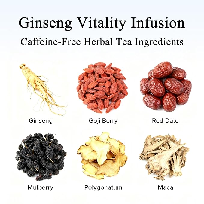 Ginseng Tea Bags - Natural Energy Boost Herbal Tea with Goji Berry & Red Dates, Kidney Tea for Mental Focus, Caffeine F-ree Morning Teas, 10 Counts Starch Bag Gift Box