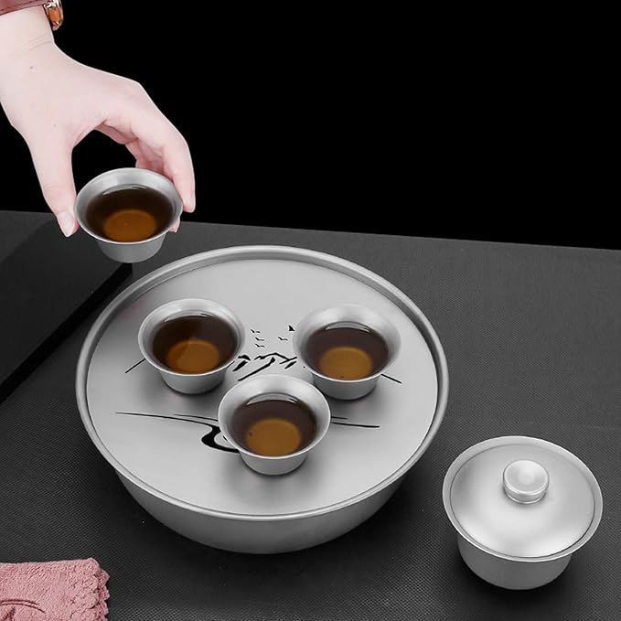 Portable Titanium Tea Set Lightweight 130ml Gaiwan & 4 Mini Teacups Storage Water Tea Tray Outdoor Picnic Hiking Chinese Gongfu Tea Kit Storage Bag