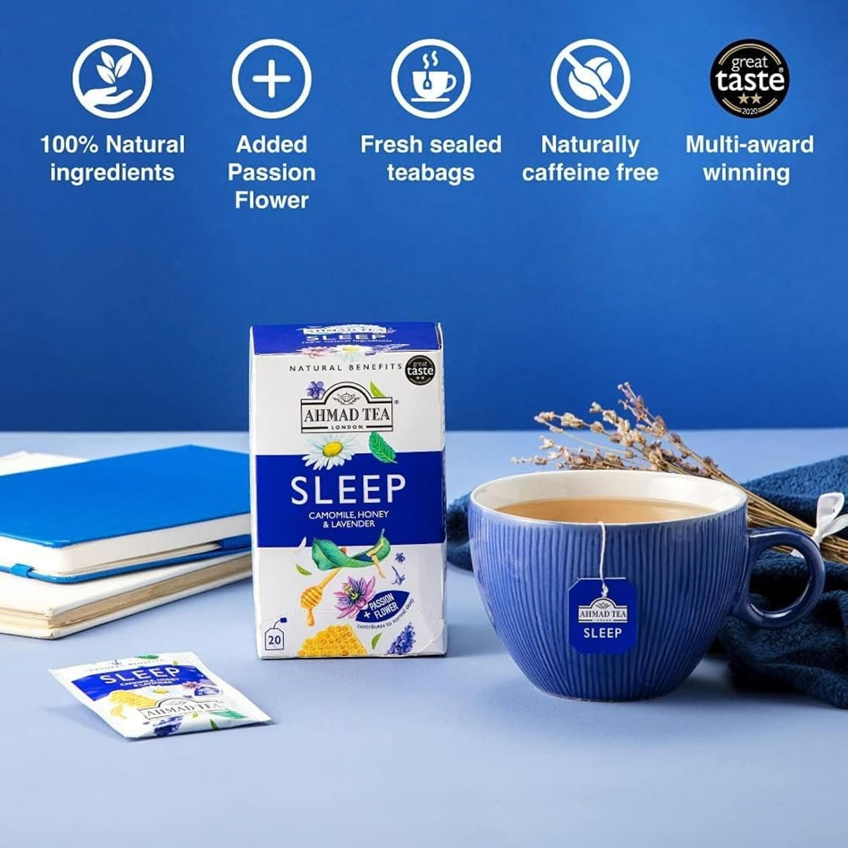 Ahmad Tea Herbal Tea, Camomile, Honey, &amp; Lavender 'Sleep' Natural Benefits Teabags, 20 ct (Pack of 1) - Decaffeinated &amp; Sugar-Free