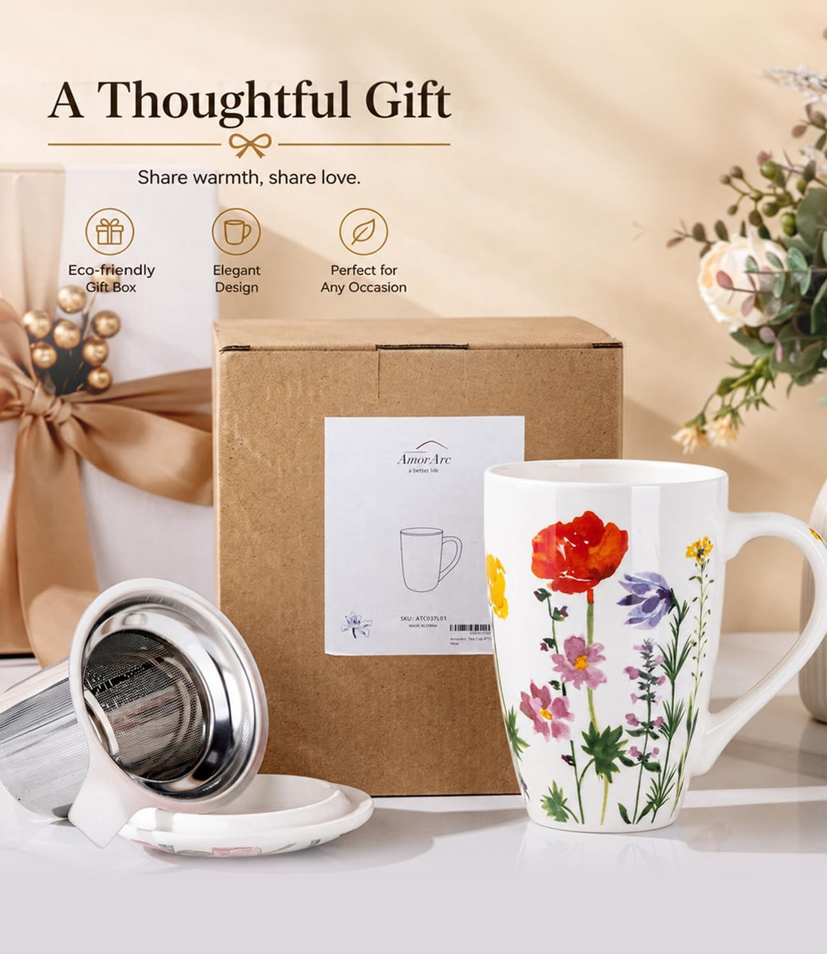 AmorArc Tea Cup With Infuser and Lid, 18oz Loose Leaf Tea Mug With Steeper