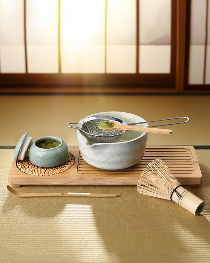 Matcha Whisk Set, 4 Piece Matcha Making Kit Includes Bamboo Whisk (Chasen), Spoon (Chashaku), Stainless Steel Sifter, Teaspoon