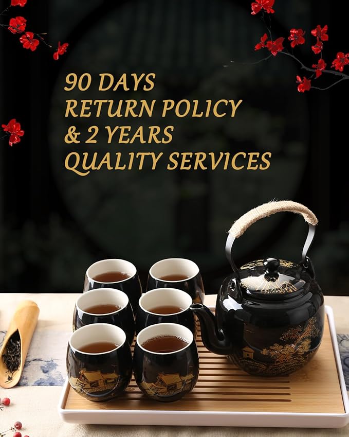 Dujust Japanese Tea Set, Black Porcelain Tea Set with 1 Teapot Set, 6 Tea Cups, 1 Tea Tray, 1 Stainless Infuser, Beautiful Asian Tea Sets for Adults