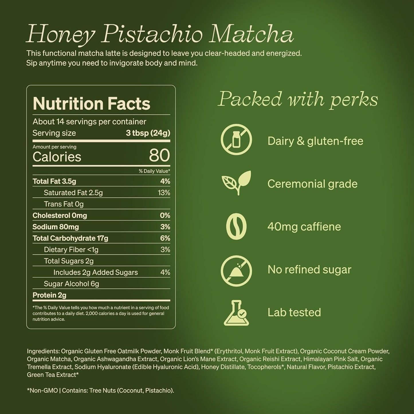 Clevr Pistachio Matcha SuperLatte, Organic Ceremonial Grade, Instant Superfood Powder Blend with Lions Mane, Reishi Mushroom, Coconut Cream, Ashwagandha, Serve Hot or Iced (14 Lattes)