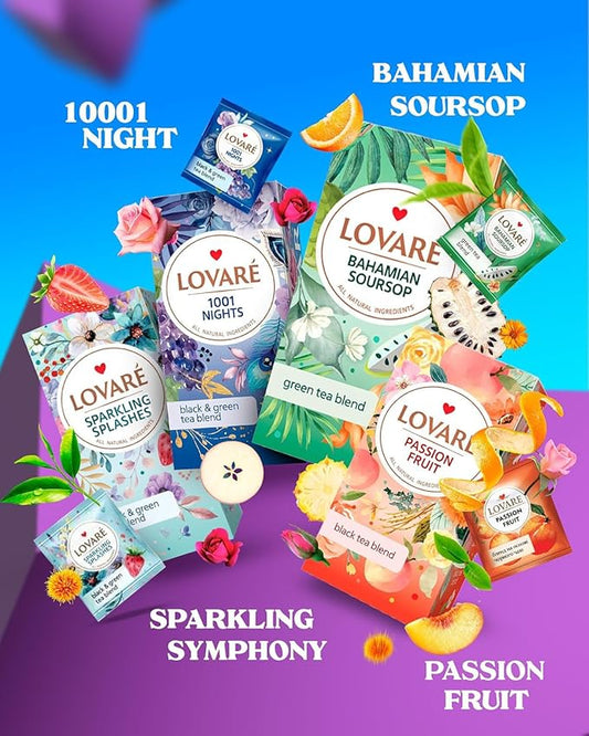 LOVARE Set of 4 Assorted Tea Bags Variety Pack 48 g - Made in Ukraine - 24 Black, Green Tea Sampler Bags x 2 g - Tea Bags Individually Wrapped - Assorted Tea Variety Pack Blends - Gift Box Assortment