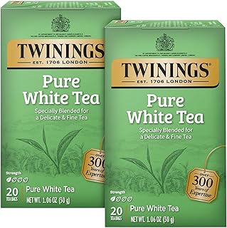 Twinings Pure White Tea Bags - Delicate Caffeinated Tea Made from Fresh White Tea Leaves, Perfect for Hot or Iced Tea, 20 Count (Pack of 2)