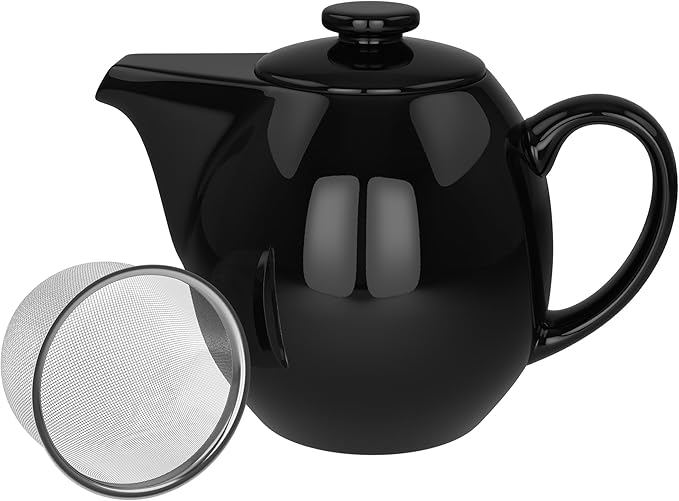 OmniWare 24 Oz Stoneware Teapot with Stainless Steel Mesh Infuser (Black) - Microwave & Dishwasher Safe, Removable Infuser