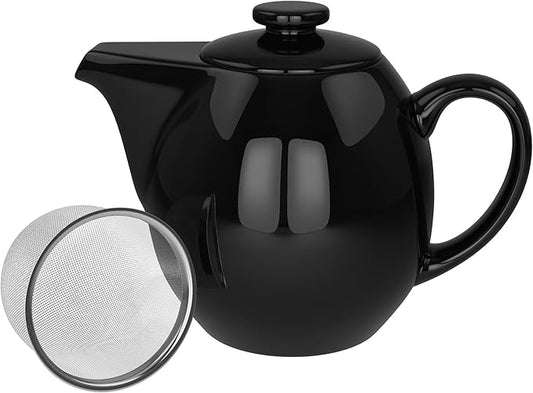 OmniWare 24 Oz Stoneware Teapot with Stainless Steel Mesh Infuser (Black) - Microwave & Dishwasher Safe, Removable Infuser, Retro-Style Kitchenware Ideal for Loose Tea Brewing