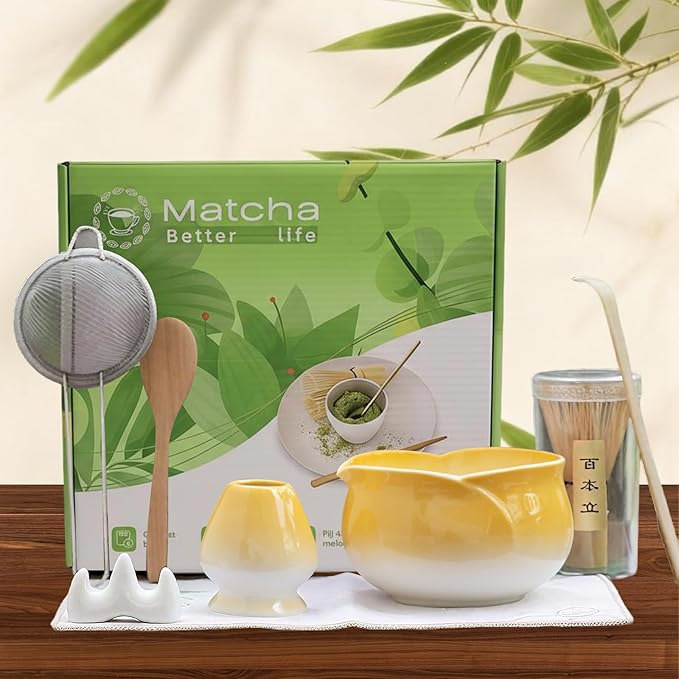 8 Pcs Matcha Whisk Set Chasen Matcha Whisk Bamboo Bowl with Spout Sifter Spoon Scoop Whisk Holder Ba
