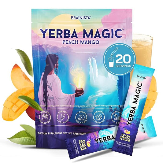Brainista Yerba Magic Sticks Peach Mango - Yerba Mate Powder Single Serve Sticks - Instant Tea Powder On The Go - Nootropics, Prebiotics, Probiotics for Energy, Focus & Gut Health - Low Sugar, Natural Caffeine - 20 Servings