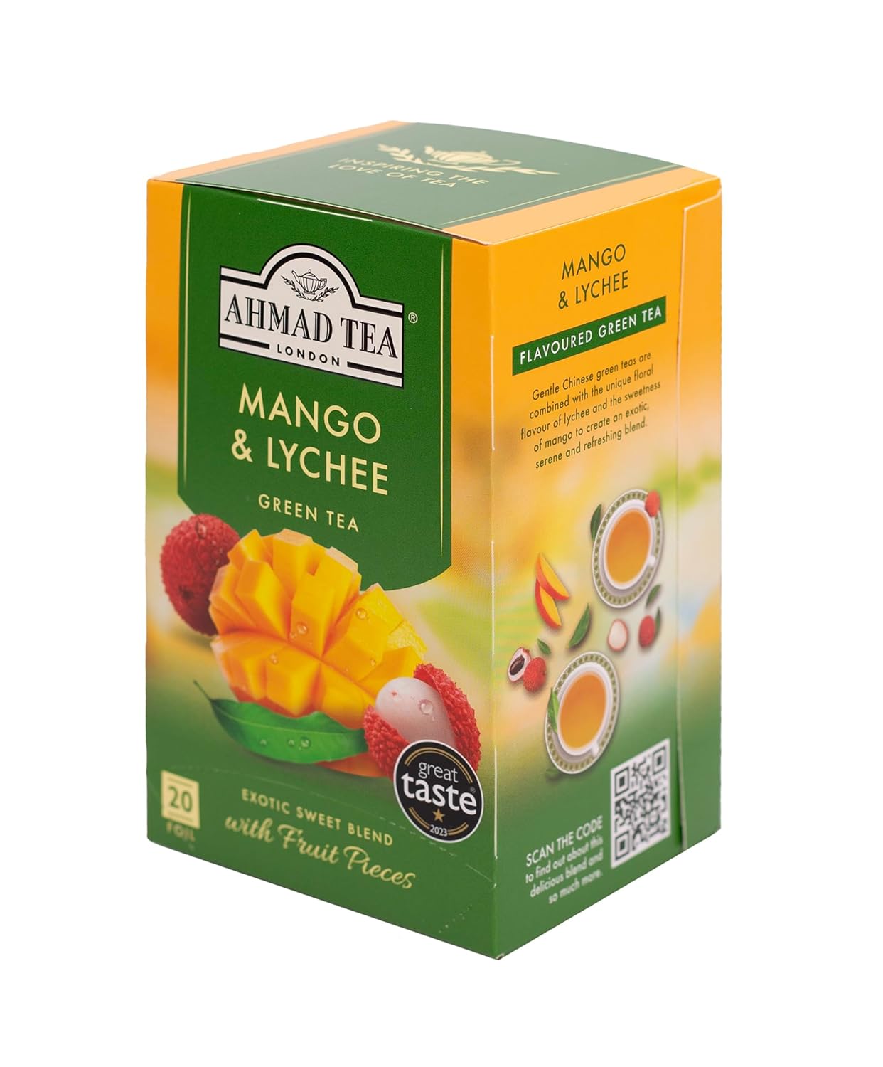Ahmad Tea Green Tea, Mango & Lychee Teabags, 20 ct (Pack of 1) - Caffeinated & Sugar-Free