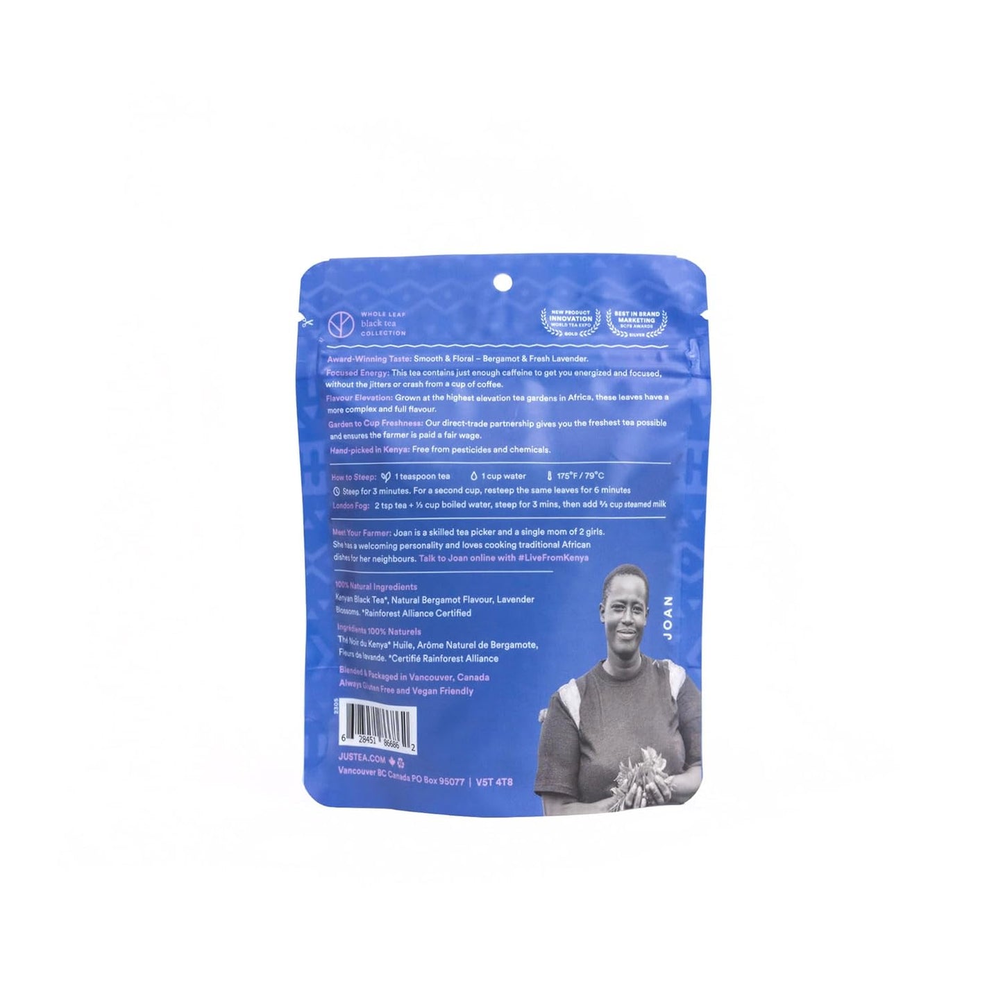 JusTea LAVENDER EARL GREY | Loose Leaf Black Tea | Recyclable Refill Pouch | 40+ Cups (3.2oz) | High Caffeine | Award-Winning | Fair Trade | Non-GMO
