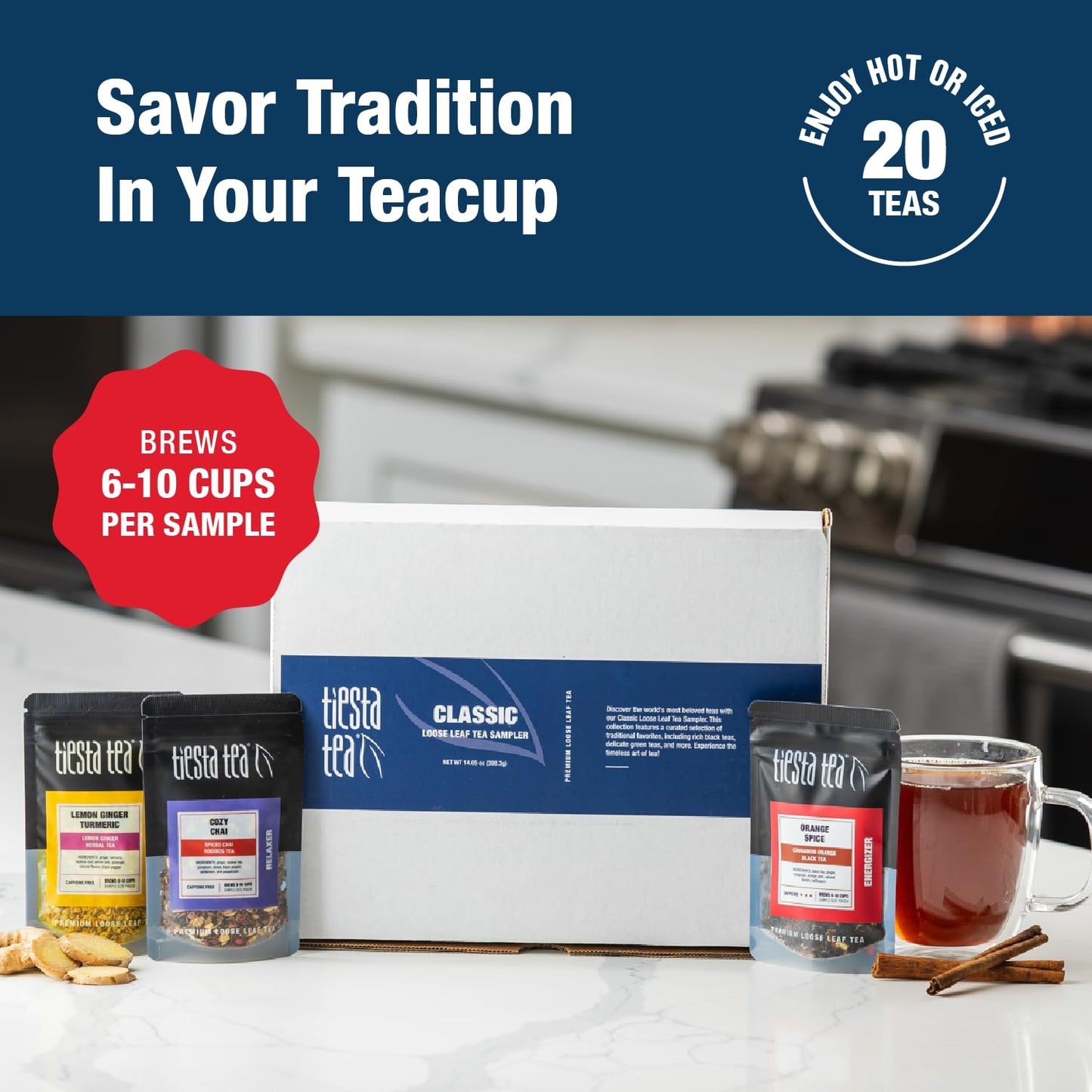 Tiesta Tea - Classic Teas Sampler Dry Flight Set, Loose Leaf, High to No Caffeine, Makes Hot & Iced, Assorted Tea Sets with Herbal, Black, Green, and Fruit Blends, 20 Resealable Sample Pouches