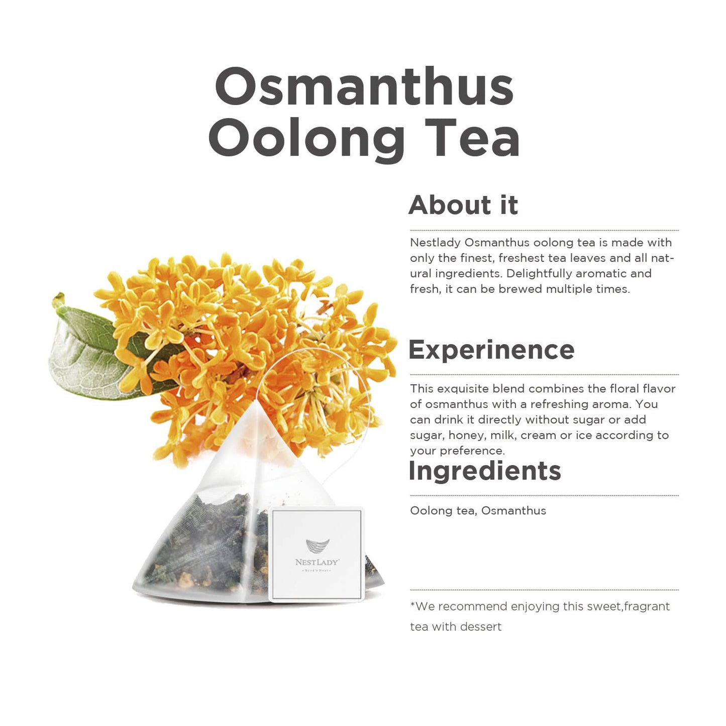 NESTLADY Osmanthus Oolong Loose Leaf Tea – Floral Aroma, Smooth Taste, 20 Bags (60g, 3g/bag)