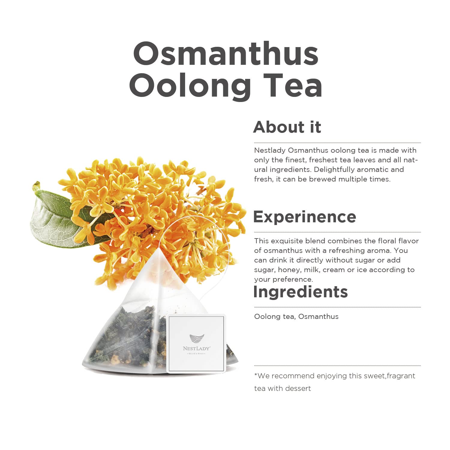 NESTLADY Osmanthus Oolong Loose Leaf Tea – Floral Aroma, Smooth Taste, 20 Bags (60g, 3g/bag)