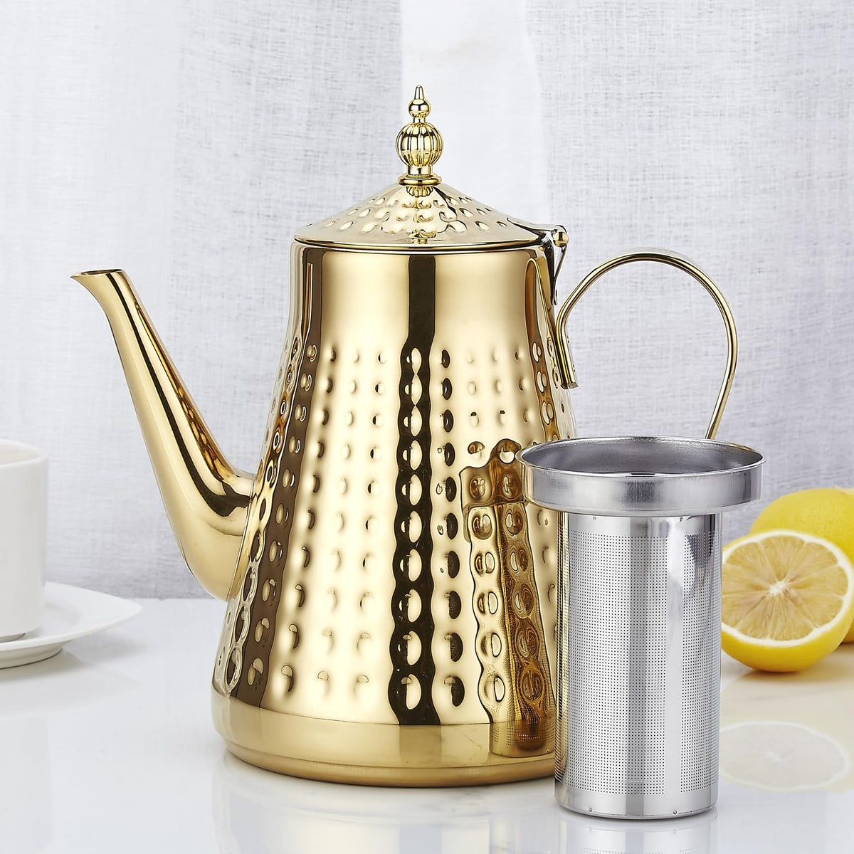 SANQIAHOME 1.8L(60oz) Stainless Steel Hammer Patterned Teapot With Removeable Infuser,Loose leaf cover,Gold
