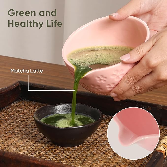 Matcha Whisk Set - Traditional Bamboo Chasen with Bowl, Complete Matcha Tea Making Kit & Starter Tools for Authentic Japanese Ceremony (Pink01, 8pcs/set,Bowl entry-level Set)