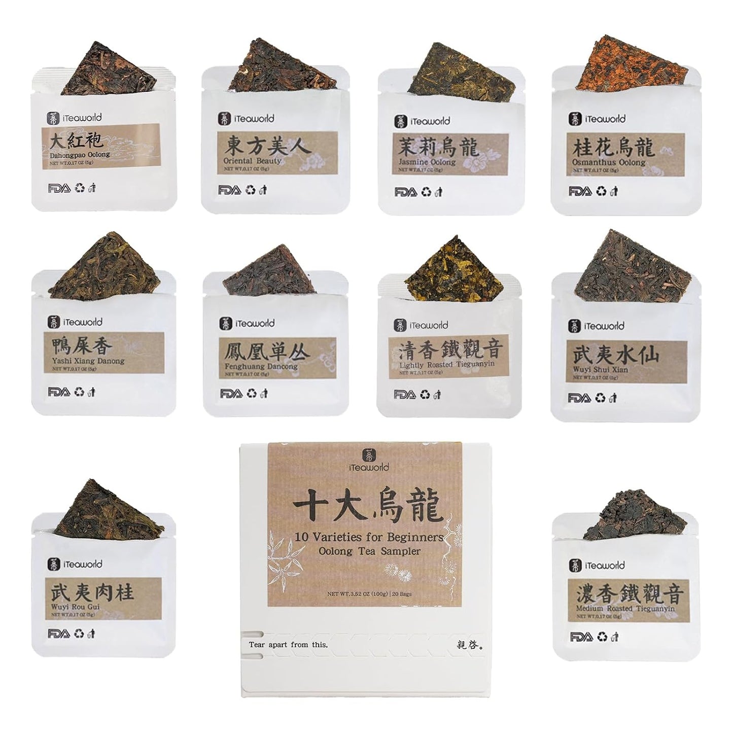 iTeaworld Chinese Tea Collection – Top 10 Classic Oolong Tea Sampler, Chinese Loose Leaf Tea Sampler, 10 Classic Oolong Varieties, No Sugar or Additives, Boxed Beginner Tea Gift Set, 20 Individually Wrapped Mini Tea Cakes, 5g/Piece, 3.52oz