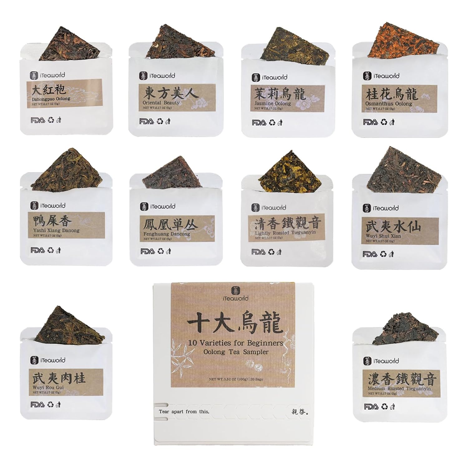 iTeaworld Chinese Tea Collection – Top 10 Classic Oolong Tea Sampler, Chinese Loose Leaf Tea Sampler, 10 Classic Oolong Varieties, No Sugar or Additives, Boxed Beginner Tea Gift Set, 20 Individually Wrapped Mini Tea Cakes, 5g/Piece, 3.52oz