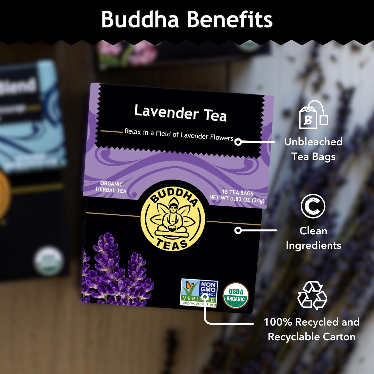 Buddha Teas Organic Lavender Tea - OU Kosher, USDA Organic, CCOF, 18 Bleach-Free Tea Bags
