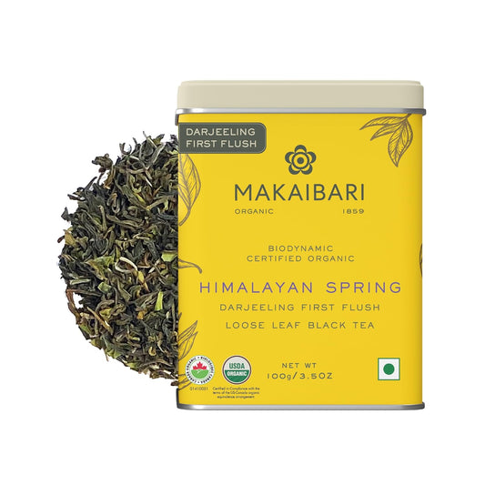 Makaibari Himalayan Spring First Flush Darjeeling Black Tea, Loose Leaf, 100g (3.5oz, 50 Cups), USDA Organic Single Estate, Muscatel Floral Notes - From World's Oldest Biodynamic Tea Garden