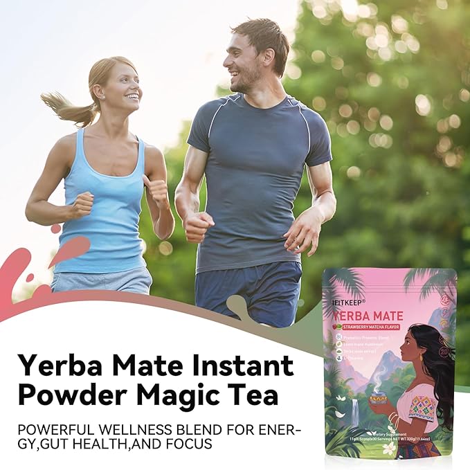 IFITKEEP Yerba Mate Strawberry Matcha Flavor - Super Yerba Instant Tea Powder, Lion’s Mane,Prebiotic & Probiotic Mix,Supports Energy, Focus and Gut Health 30 Servings.