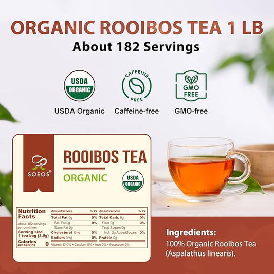 Soeos Organic Red Rooibos Loose Leaf Tea, 16 Ounce (1LB), Naturally Caffeine-Free Herbal Tea, USDA and Non-GMO Certified, Gluten Free, Keto Friendly