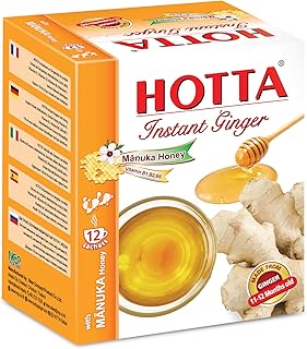HOTTA Instant Ginger Drink with Manuka Honey, Naturally Sweet, Caffeine-Free Herbal Tea, High in Vitamin B1, B2 & B6, Smooth & Comforting, Enjoy Hot or Cold, 12 Sachets