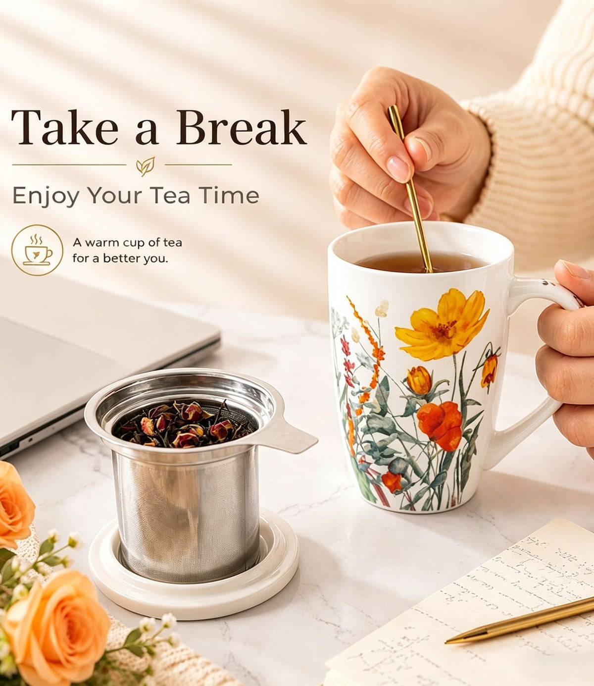 AmorArc Tea Cup With Infuser and Lid, 18oz Loose Leaf Tea Mug With Steeper