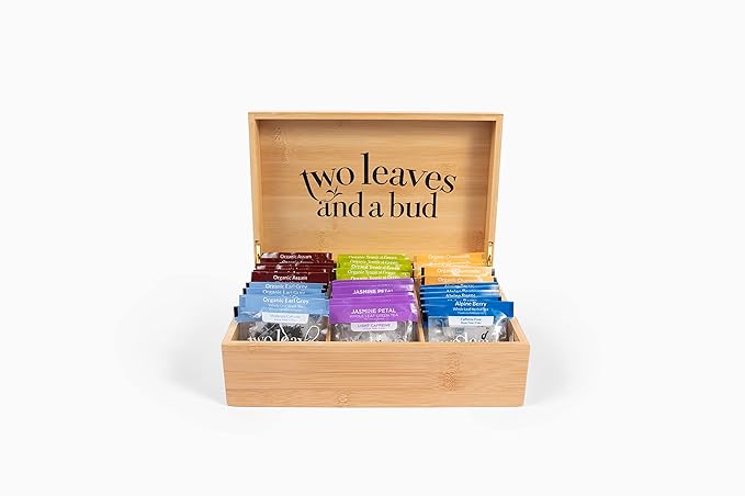Two Leaves and a Bud Organic Tea Sampler in 6-Slot Bamboo Presentation Box - Filled Gift Box with Tea Assortment of Green, Black, and Herbal Teas