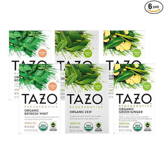 TAZO Tea Bags, Regenerative Organic: Refresh Mint Herbal Tea, Zen Green Tea, & Green Ginger Tea 16 CT (2ea) (Variety Pack)