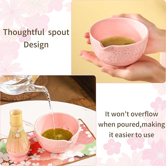 8-Piece Matcha Ceremony Set - Tea Kit with Cherry Blossom Bowl, Bamboo Whisk, Wood Scoops, Tea Cloth & Floral Display