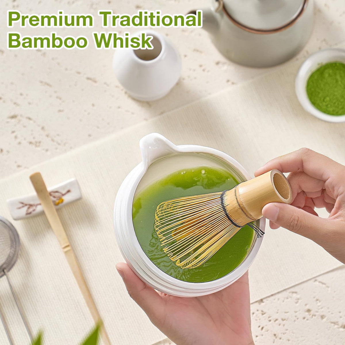 Mfacoy Matcha Whisk Set, Japanese Tea Set (5pcs) includes Matcha Bowl with Spout (19 oz), Bamboo Whisk and Matcha Scoop