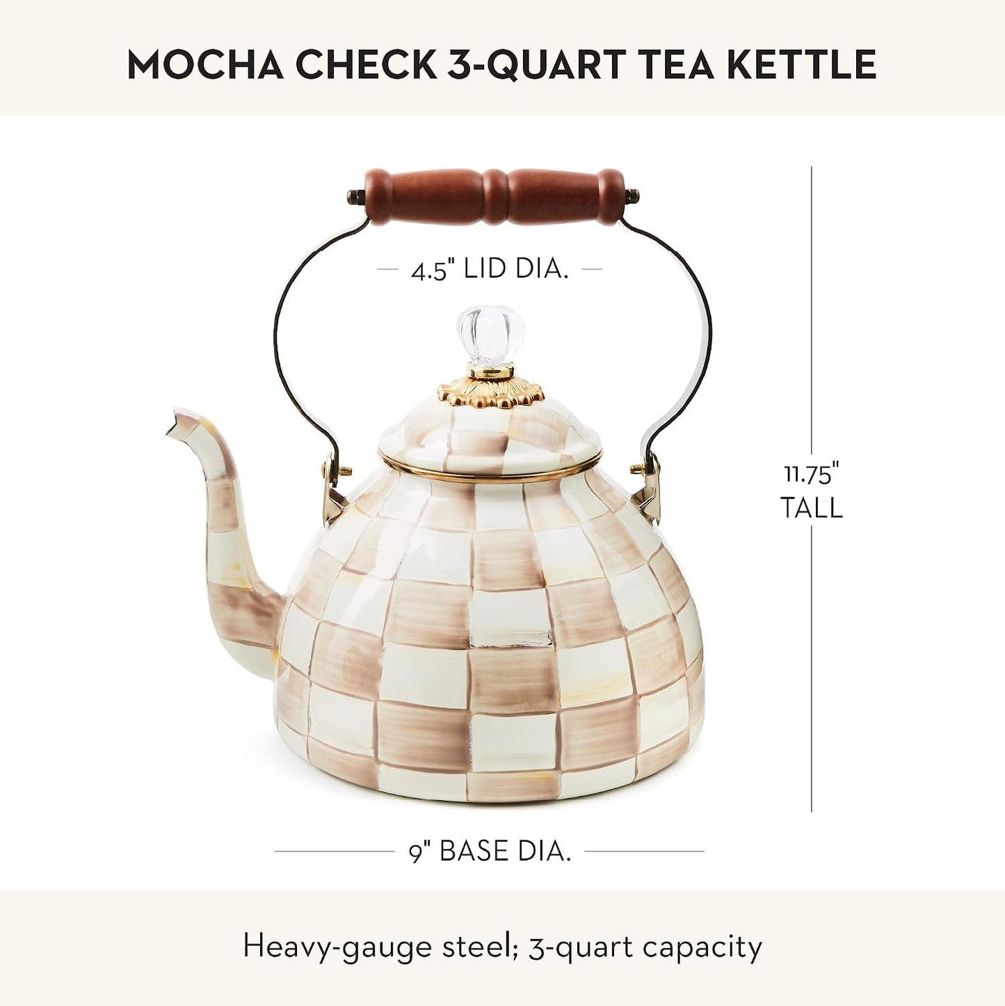 MACKENZIE-CHILDS Tea Kettle, 3 Quarts, Brown-and-White Mocha Check | Hand-painted design, made from enameled steel with a wooden handle, ideal for serving coffee, tea, and other hot beverages