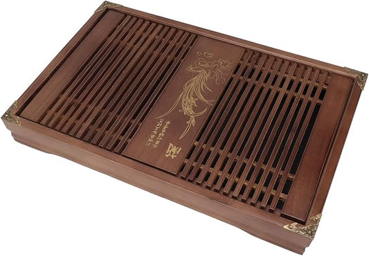 11.0X16.9in Gongfu Tea Tray, Drainage Water Storage Orchid Pattern Wooden Tea Serving Tray, Tea Table Box with Drain Pipe for Friends (Light Black Orchid)