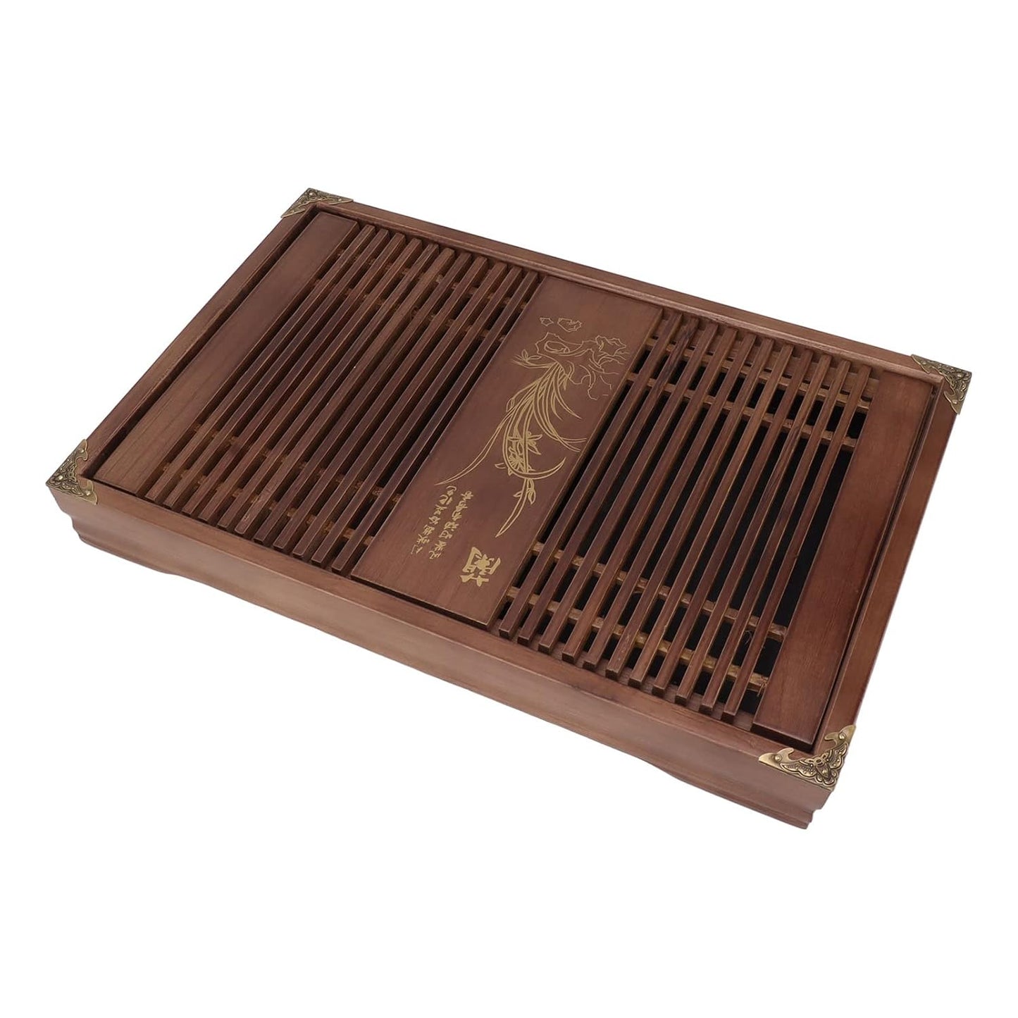 11.0X16.9in Gongfu Tea Tray, Drainage Water Storage Orchid Pattern Wooden Tea Serving Tray