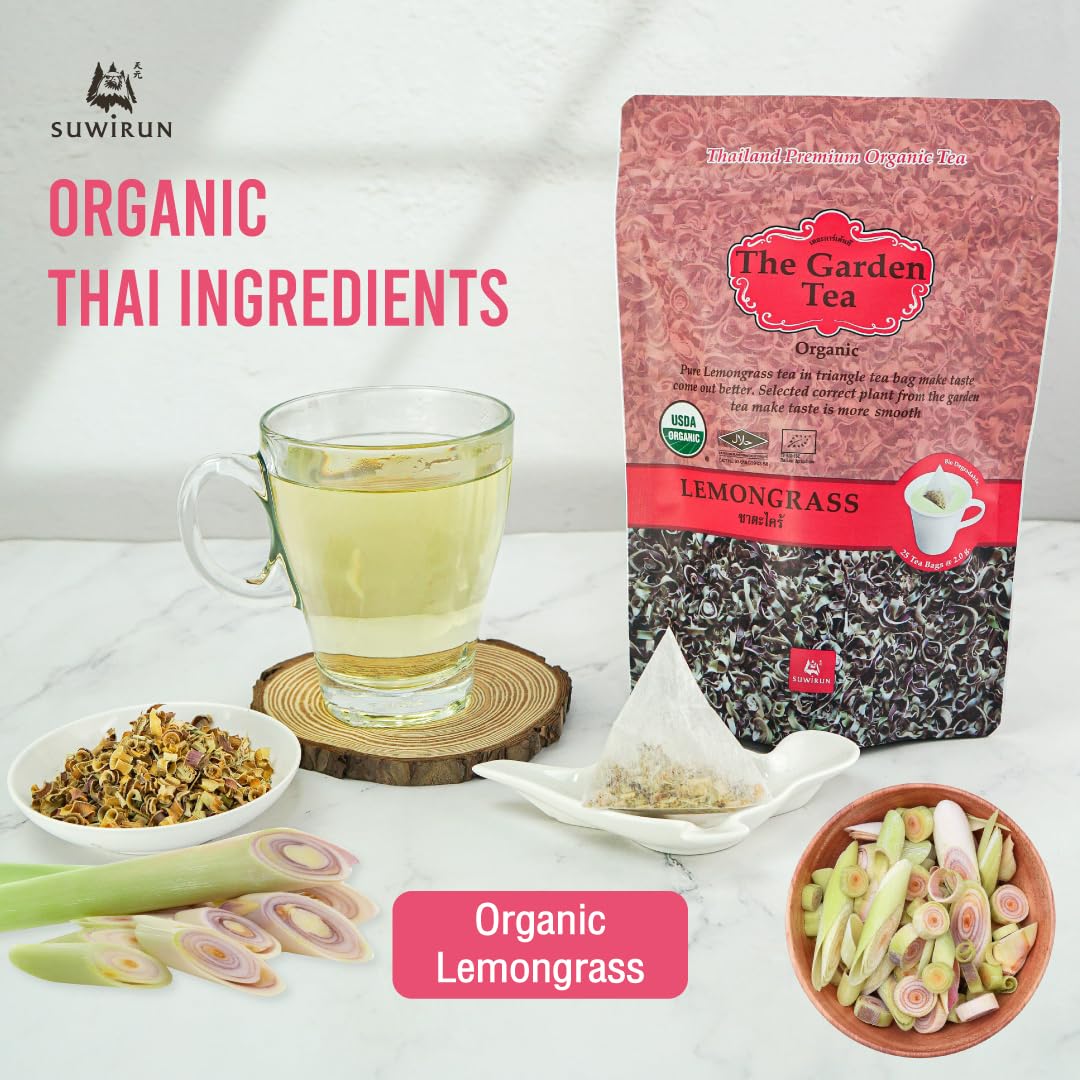 Suwirun Organic Lemongrass Tea 25 Bags – Product of Thailand – Citrusy &amp; Refreshing Herbal Tea, Caffeine-Free, No Calories, Soothes Throat &amp; Aids Digestion, Enjoy Hot or Cold