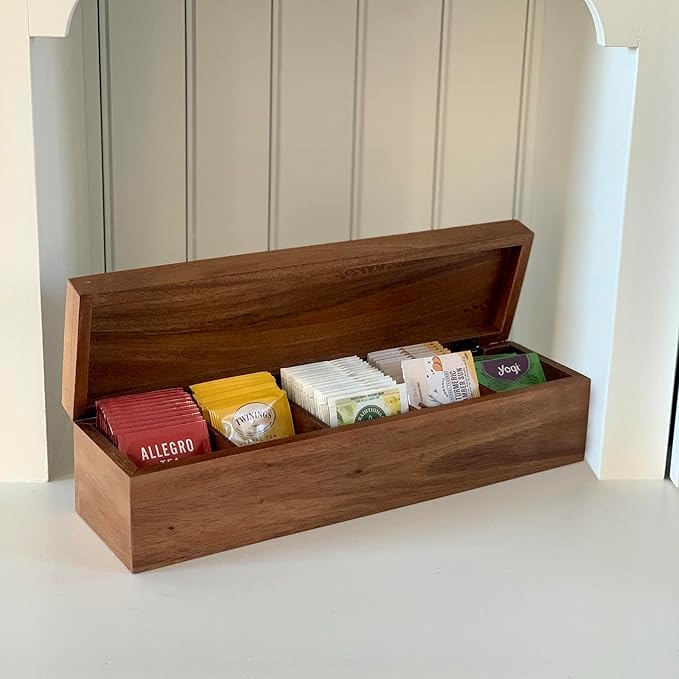 Ironwood Gourmet Large 5 Compartment Tea Box, Acacia Wood Tea Bag Organizer With Lid