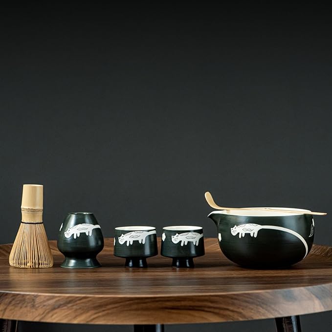 Unique Cat Matcha Tea Set, Matcha Bowl with Spout, 2 Cups, Bamboo Whisk, Chasen Holder & Scoop, 6 Pcs Matcha Set for Tea Ceremony & Unique Gift for Matcha Lover