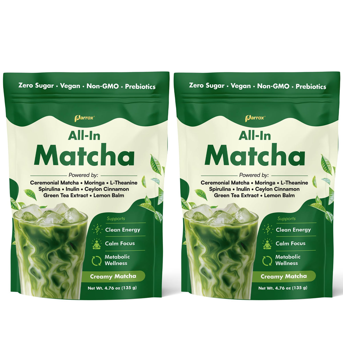 Parrox Ceremonial Grade Matcha Powder with Moringa & L-Theanine, Japanese, 2 Pack