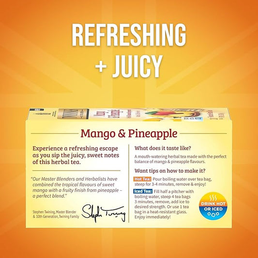 Twinings Mango & Pineapple Herbal Tea Individually Wrapped Bags, 20 Count (Pack of 6), Naturally Caffeine-Free, Enjoy Hot or Iced, 120 Teabags