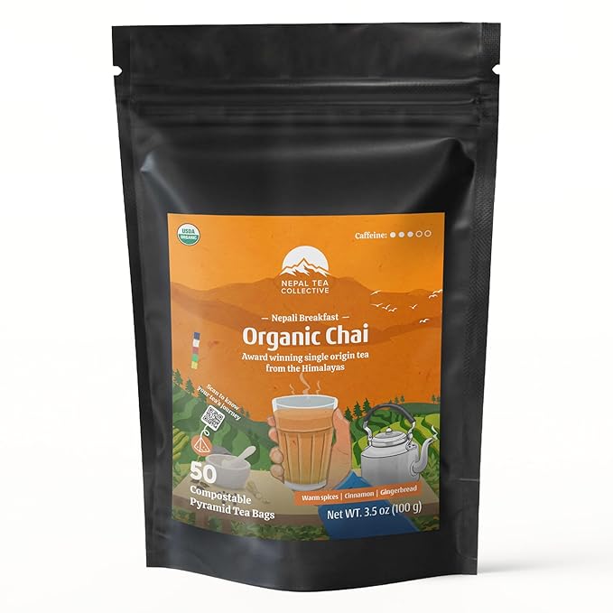 NEPAL TEA Organic Chai Tea Bags from the Himalayas, Chai Spice Blend - 50 Pyramid Tea Bags, Single Origin Chai Spice Tea from a Family Farm - Black Tea Bags, Loose Leaf Tea Inside (Nepali Breakfast)