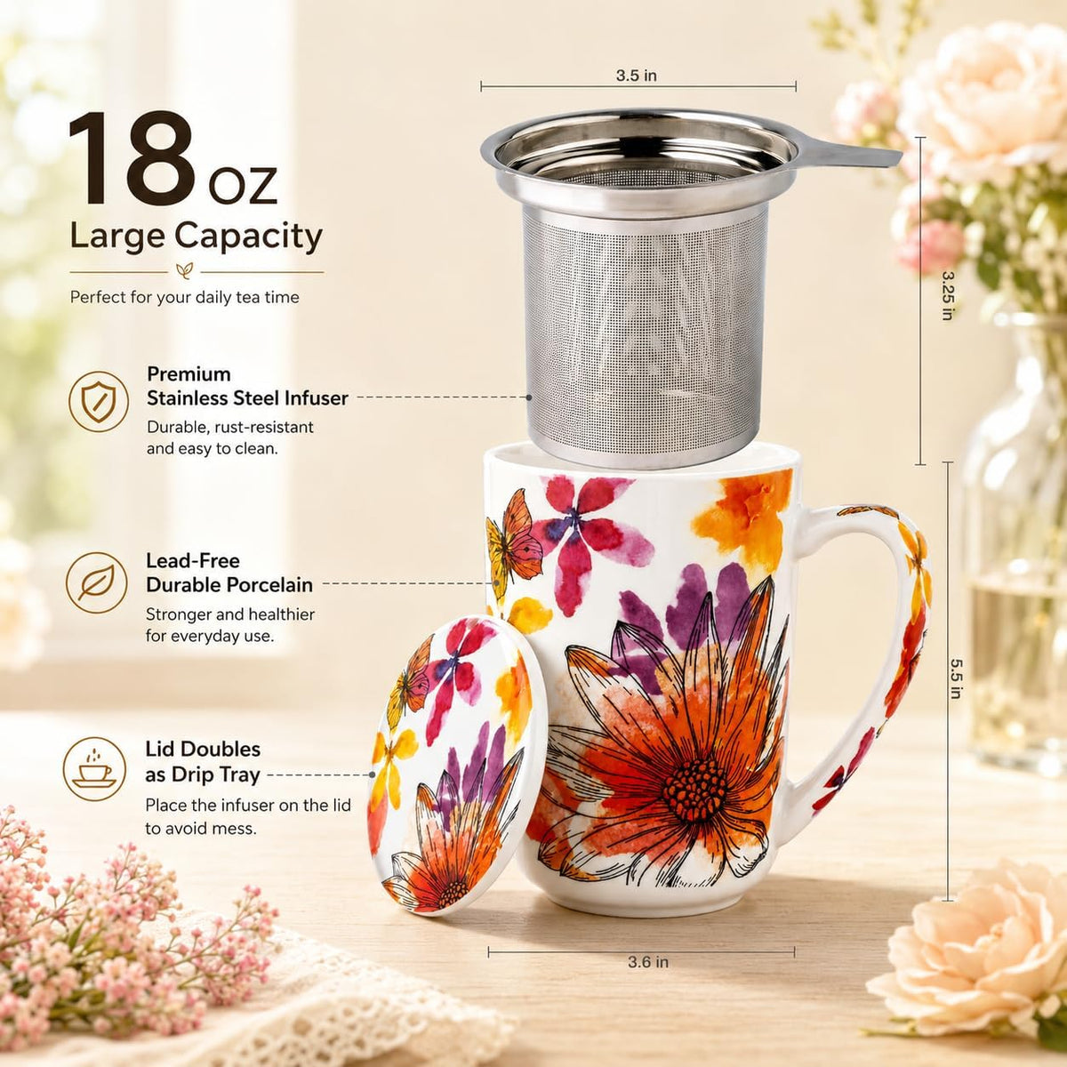 GBhome Tea Mug with Infuser and Lid,18 oz Loose Leaf Tea Cup with Steeper
