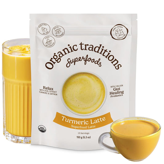 Organic Traditions Turmeric Golden Milk Latte Powder, Coconut Milk, 5.3oz | Coconut Milk with Ginger, Cinnamon, and Saffron, Lightly Sweetened Instant Drink, Includes Probiotics, Vegan Dairy Free Mix