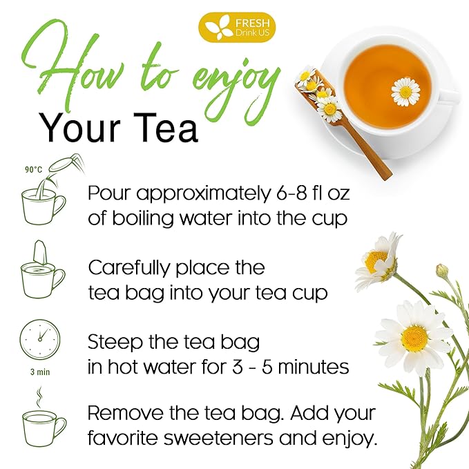 FRESHDRINKUS, Premium 135 Chamomile Tea Bags, 100% Natural and Pure Chamomile Flowers, Eco-conscious Tea Bags. Herbal Tea. No Sugar, No Caffeine, No Gluten, Vegan.