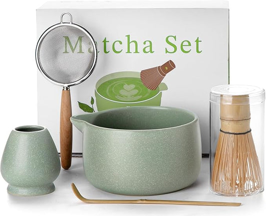 20OZ Matcha Whisk Set - 5PCS Chasen Set Includes Matcha Bowl with Spout, Bamboo Whisk with Ceramic Holder, Macha Scoop and Sifter